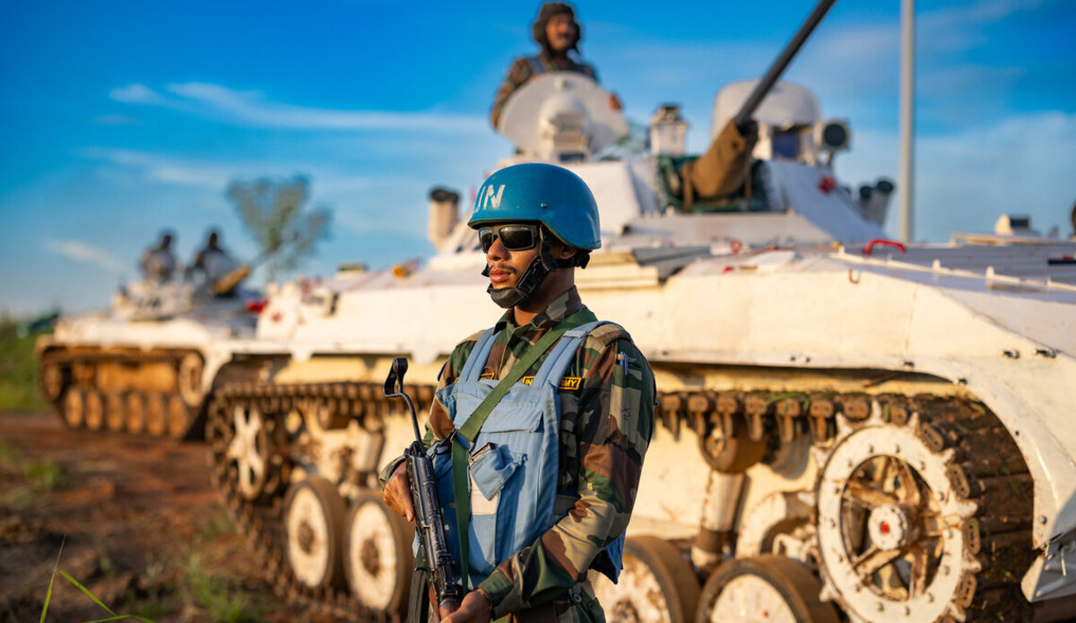 A peacekeeper conducts a patrol in South Sudan